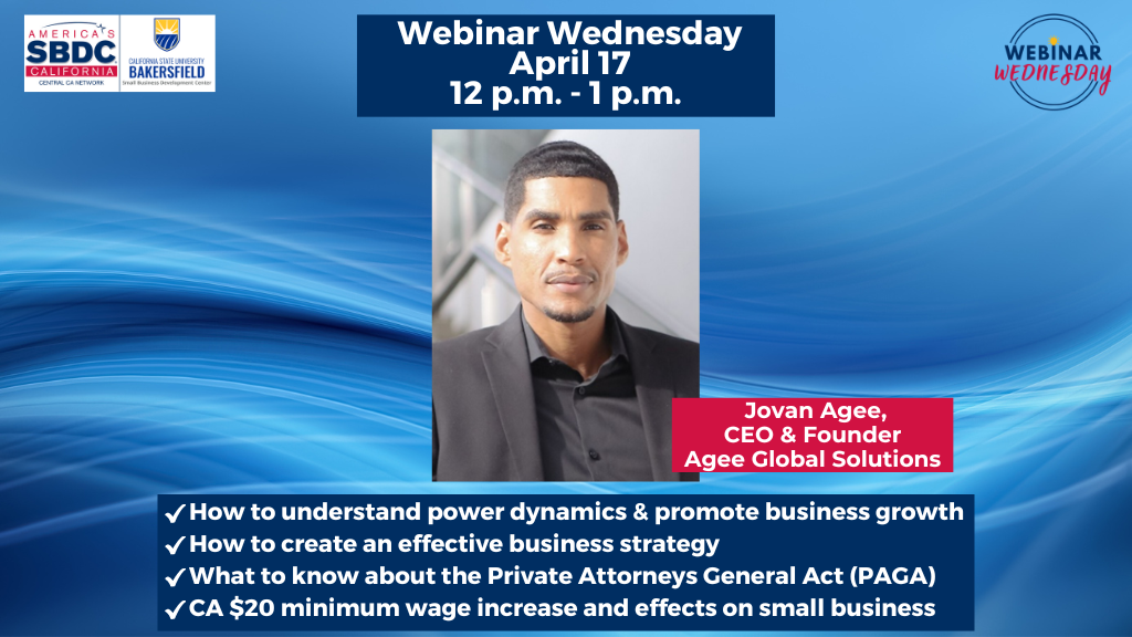A photo of Jovan Agee, CEO of Agee Global Solutions is centered in a blue swirling background. The graphic promotes Mr. Agee as the guest speaker for Webinar Wednesday, April 17, 2024 from noon to 1 p.m. PDT