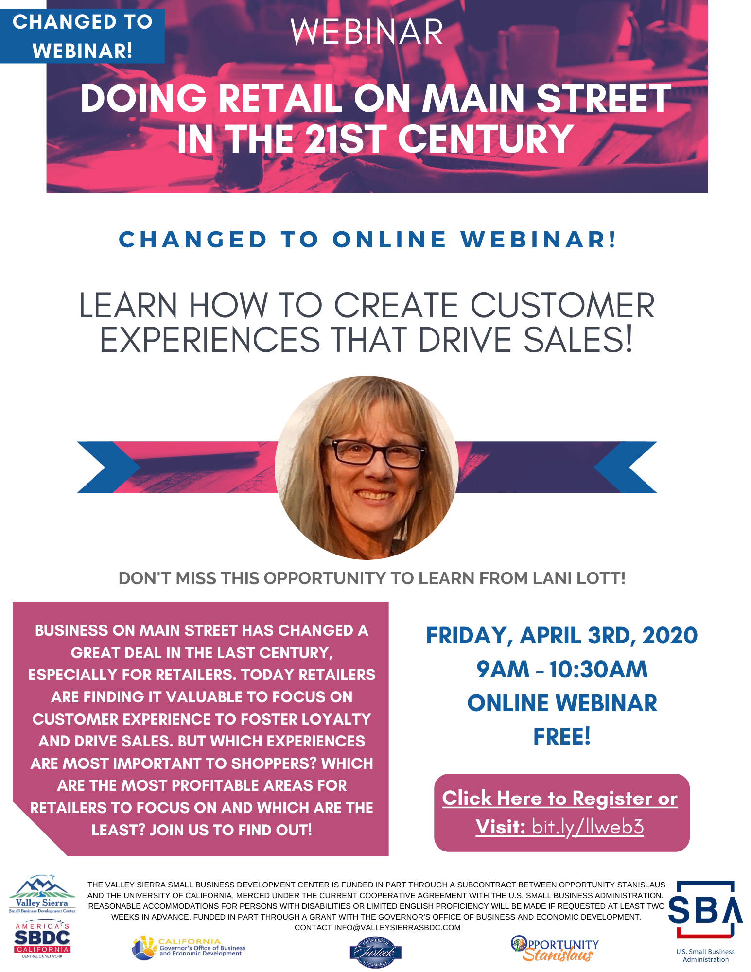 Event Flyer, Changed to webinar: Turlock: Doing Retail on Main Street in the 21st Century. 4/3/20, 9am-10:30am. Turlock Chamber of Commerce, 115 S Golden State Blvd. Turlock, CA. FREE.
