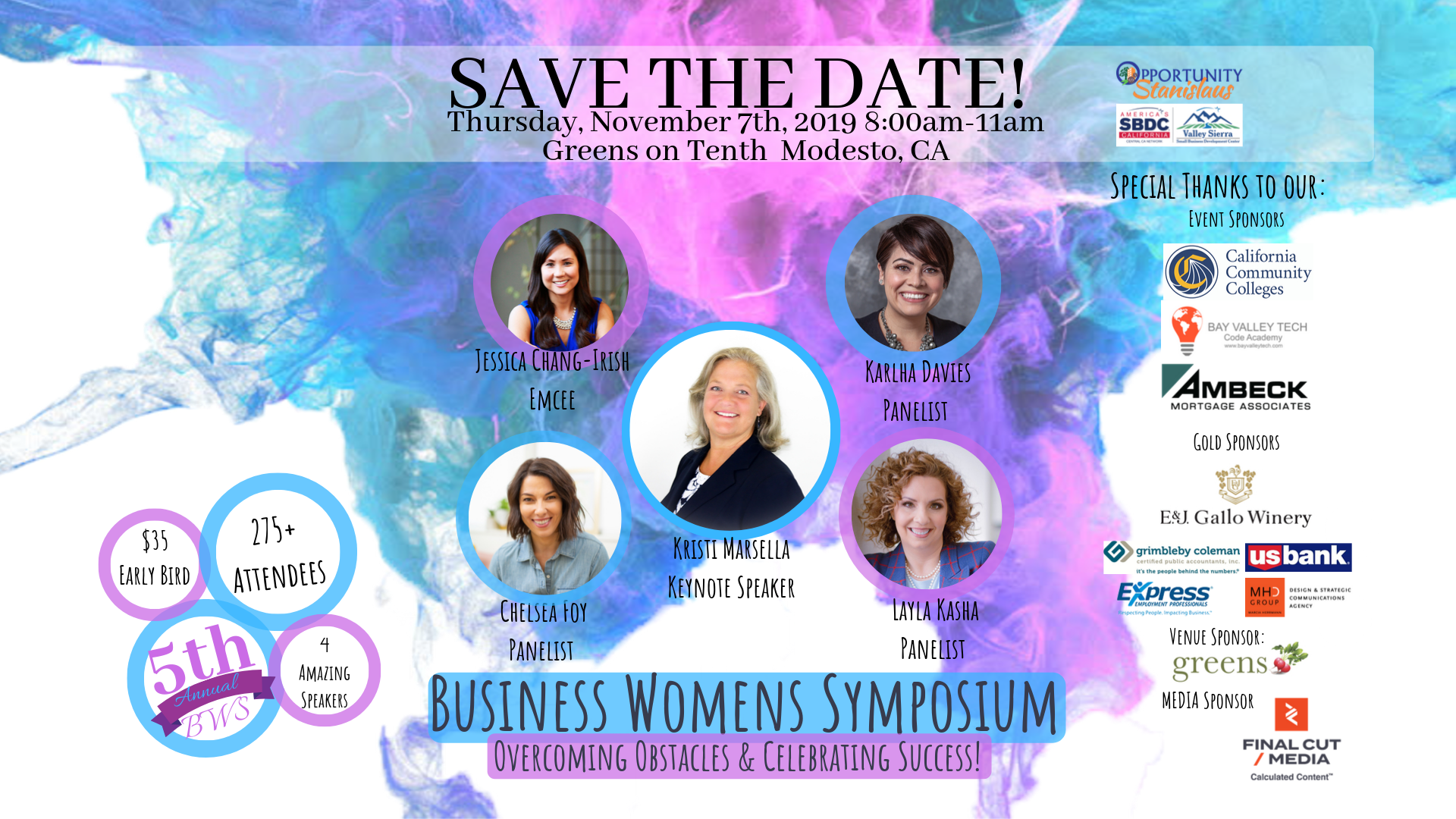 Event Flyer, Business Women's Symposium: Overcoming Obstacles & Celebrating Success Save the Date! Thursday, November 7th. 2019 8:00am- 11am Greens on Tenth, Modesto, Ca.