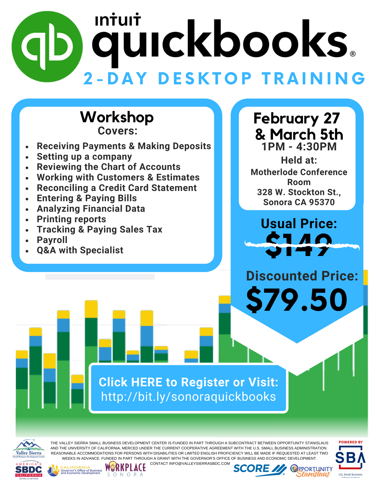 Event Flyer, Sonora QuickBooks Online Training, Feb 27th and March 4th, $79.50, at Workplace Sonora.