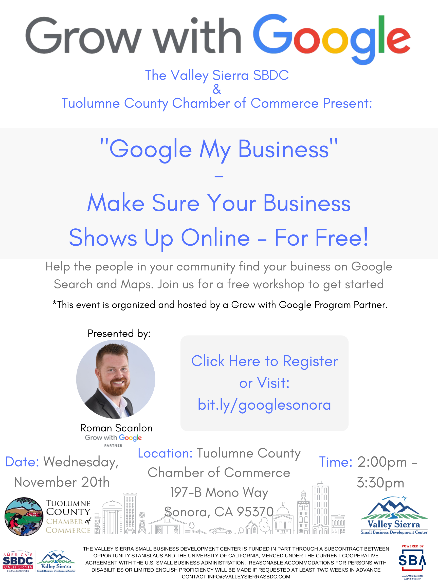 Google My Business Flyer hosted by Valley Sierra SBDC & Tuolumne County Chamber of Commerce