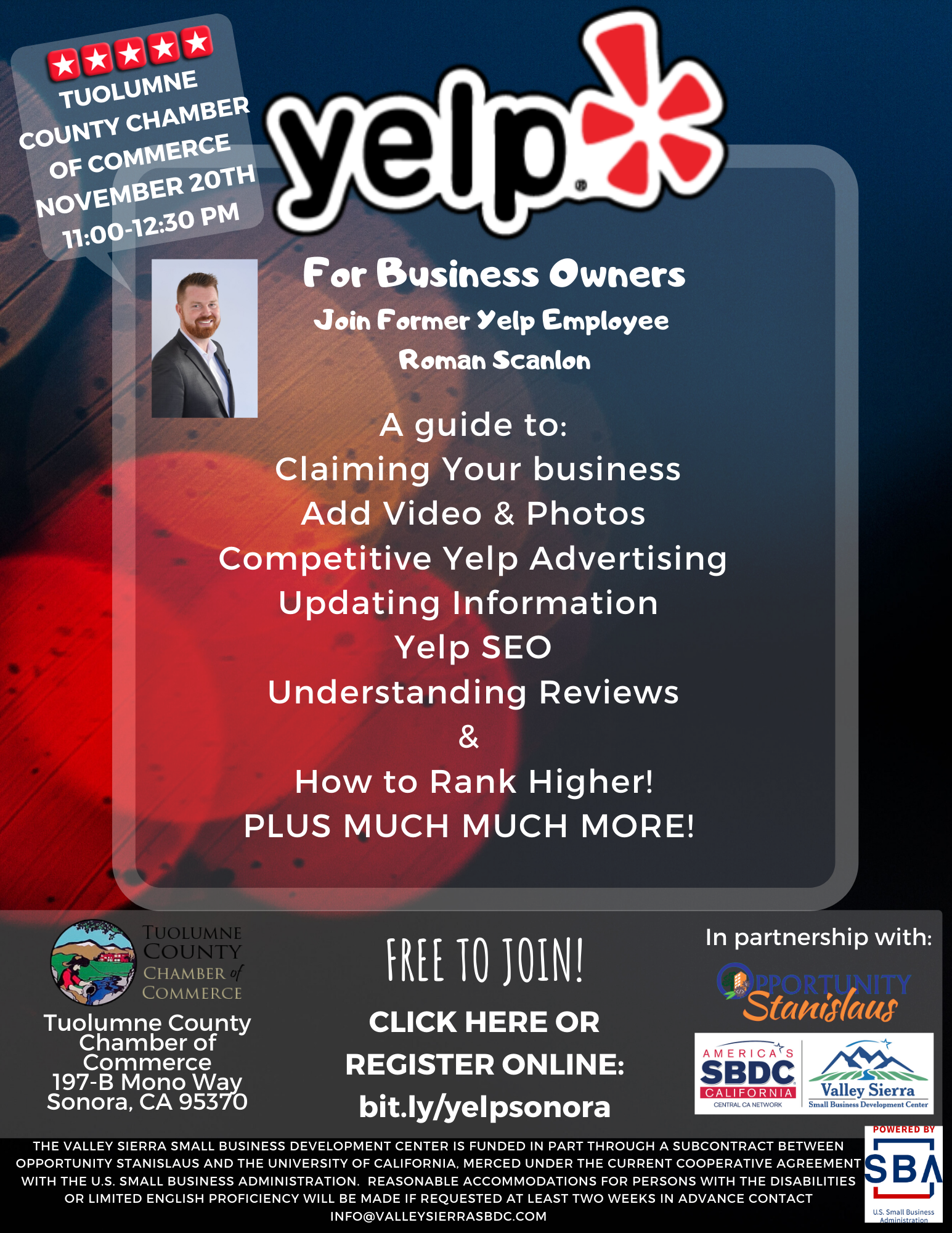 Yelp Business Flyer hosted by Valley Sierra SBDC & Tuolumne County Chamber of Commerce