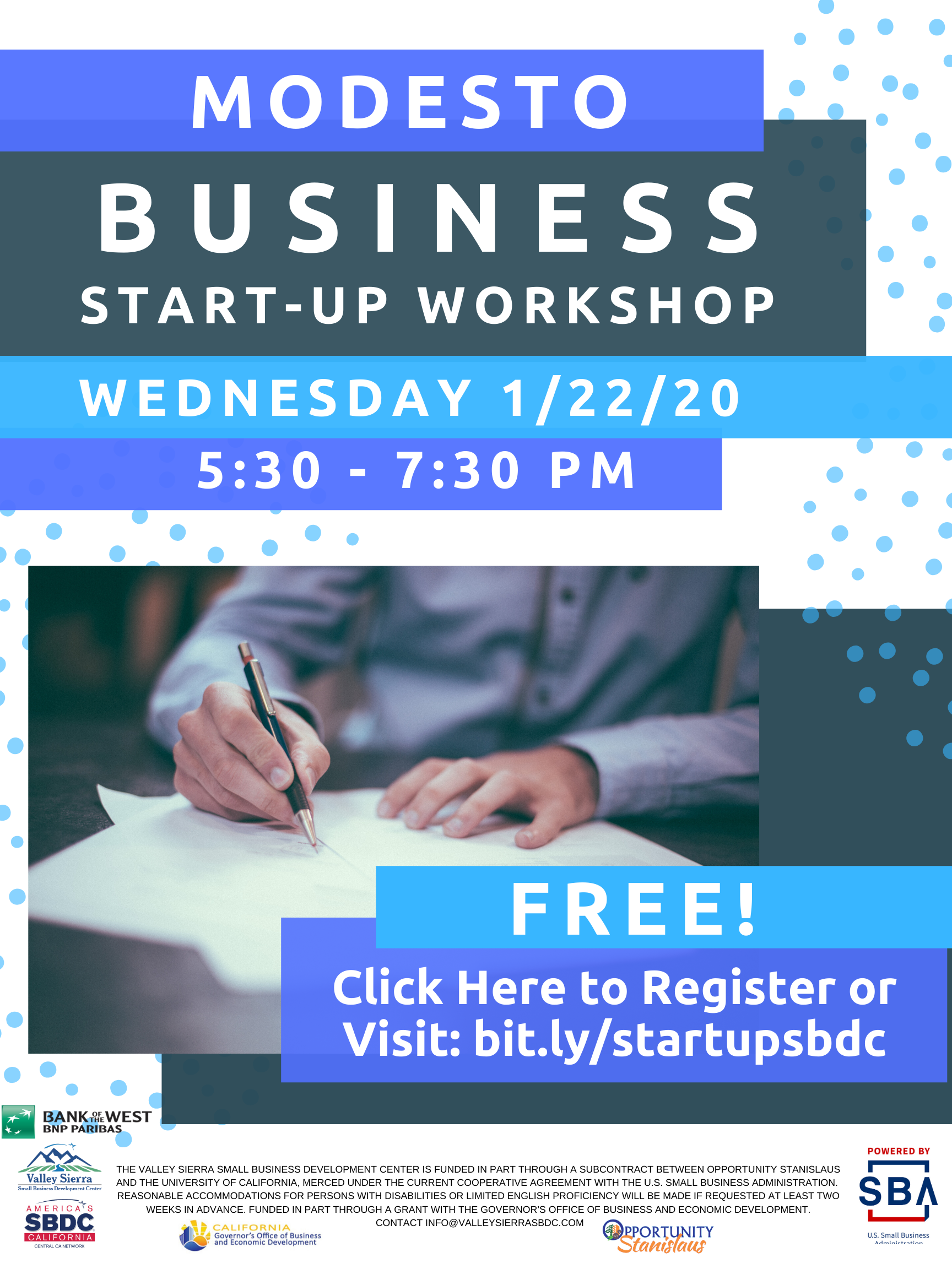 Event Flyer, Modesto Business Start Up, Wednesday 1/22/20 at the Valley Sierra SBDC. FREE.