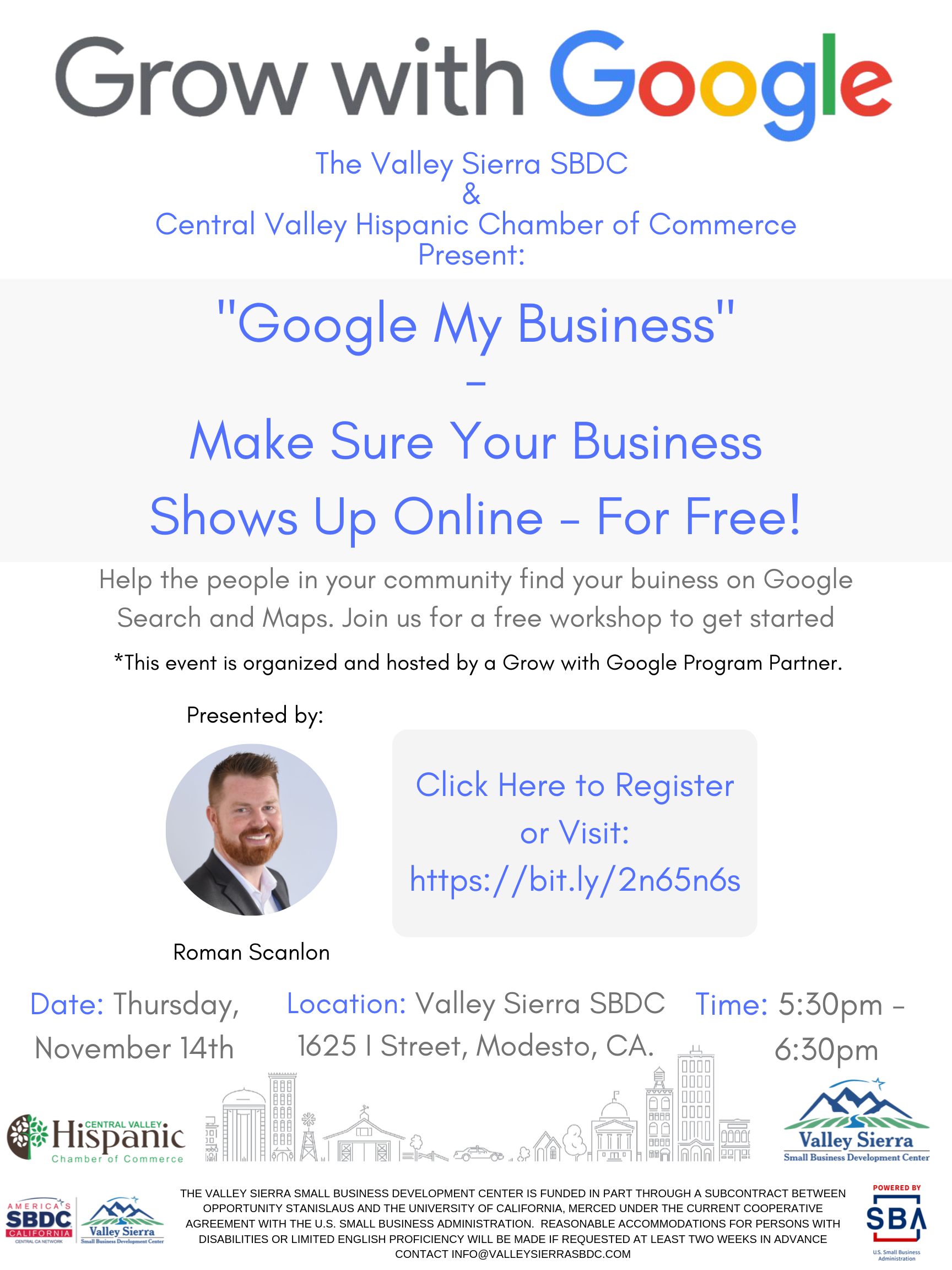 Event Flyer, Grow with Google, Date: Thursday, Nov. 14th, 2019, Time, 5:30pm - 6:30pm, For more details contact info@valleysierrasbdc.com.