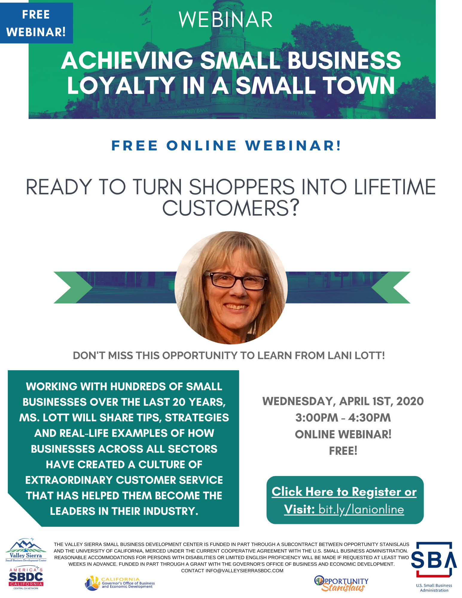Event Flyer, Webinar: Small Business Loyalty in a Small Town - 4/1 3pm - 4:30pm. FREE