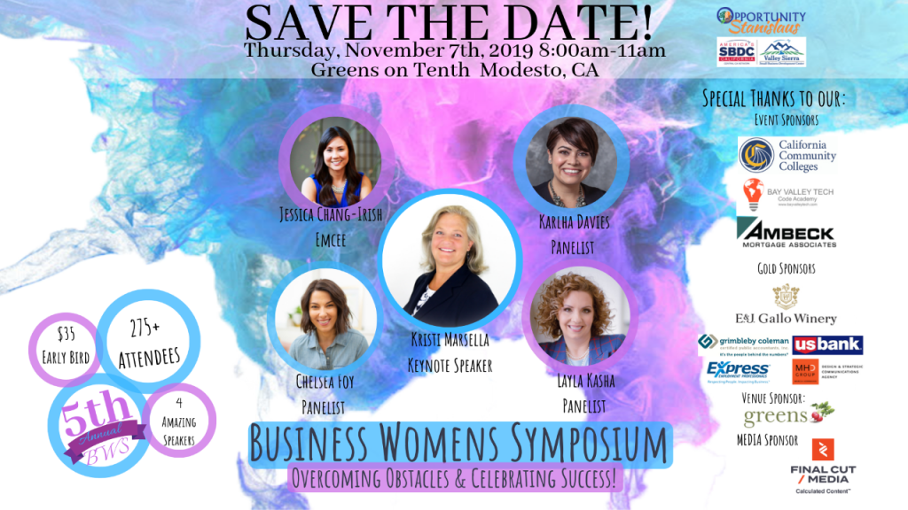 Save the Date flyer for 5th annual business women's symposium. featuring keynote speaker and panelist.